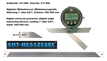 Digital protractor, reading 0.01°, rail 150+300 mm